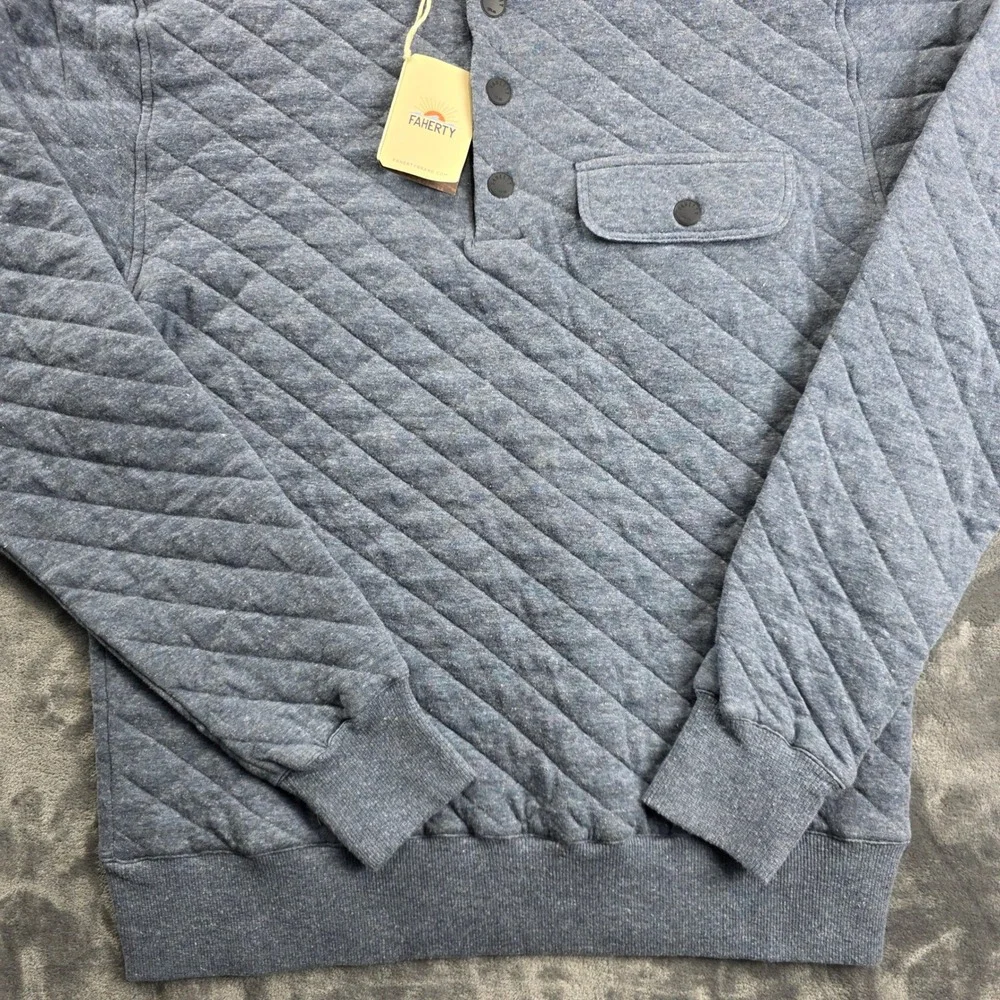 NEW Faherty Epic Quilted Fleece Pullover Mens Small Blue Diamond Snap Mock‎ Neck